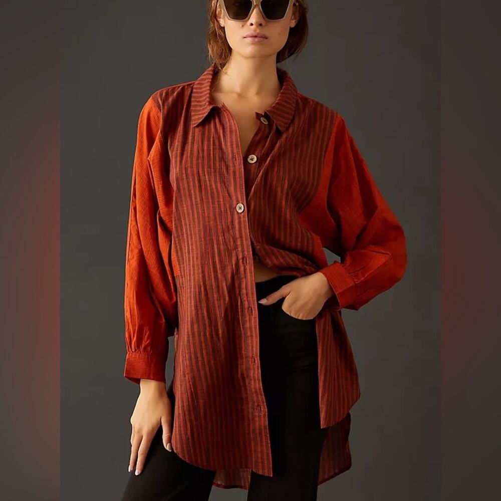 Anthropologie Gauze 100% Cotton Oversized Orange Stripe Button Shirt Size XS